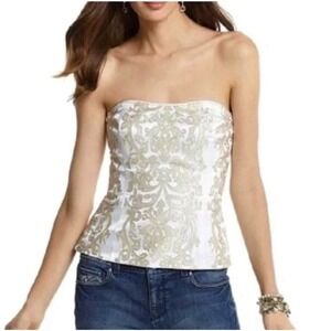 Bustier Top Satin Embroidered Crop Top Women's Size 2 White W/ gold From WHBM